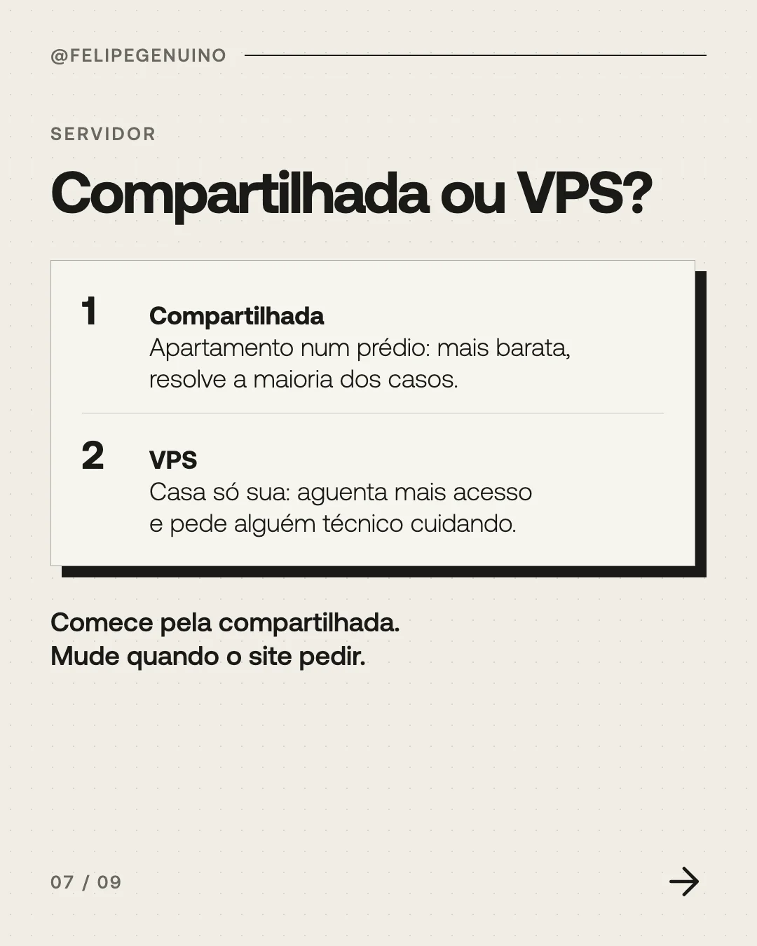 Slide 7. Servidor. Compartilhada ou VPS? 1. Compartilhada. Apartamento num prédio: mais barata, resolve a maioria dos casos. 2. VPS. Casa só sua: aguenta mais acesso e pede alguém técnico cuidando. Comece pela compartilhada. Mude quando o site pedir.