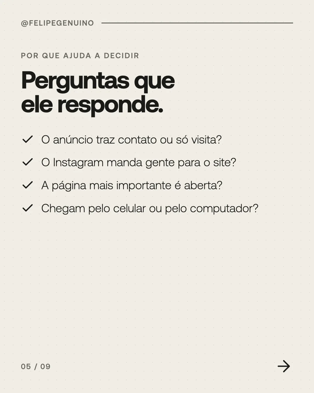Slide 5. Por que ajuda a decidir. Perguntas que ele responde. O anúncio traz contato ou só visita? O Instagram manda gente para o site? A página mais importante é aberta? Chegam pelo celular ou pelo computador?