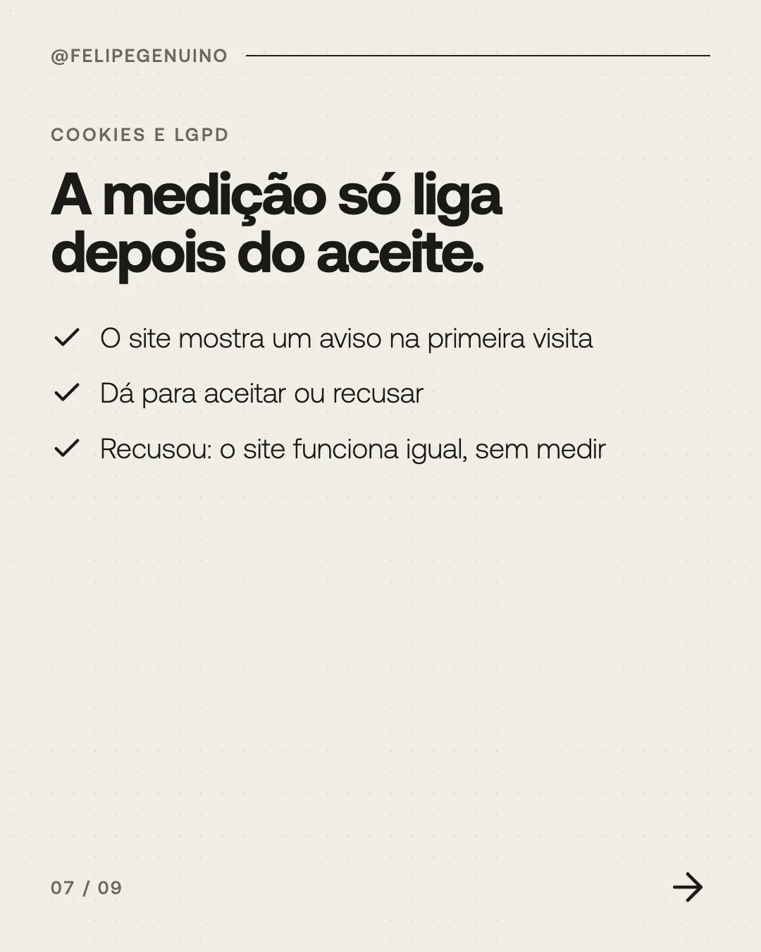 Slide 7. Cookies e LGPD. A medição só liga depois do aceite. O site mostra um aviso na primeira visita. Dá para aceitar ou recusar. Recusou: o site funciona igual, sem medir.