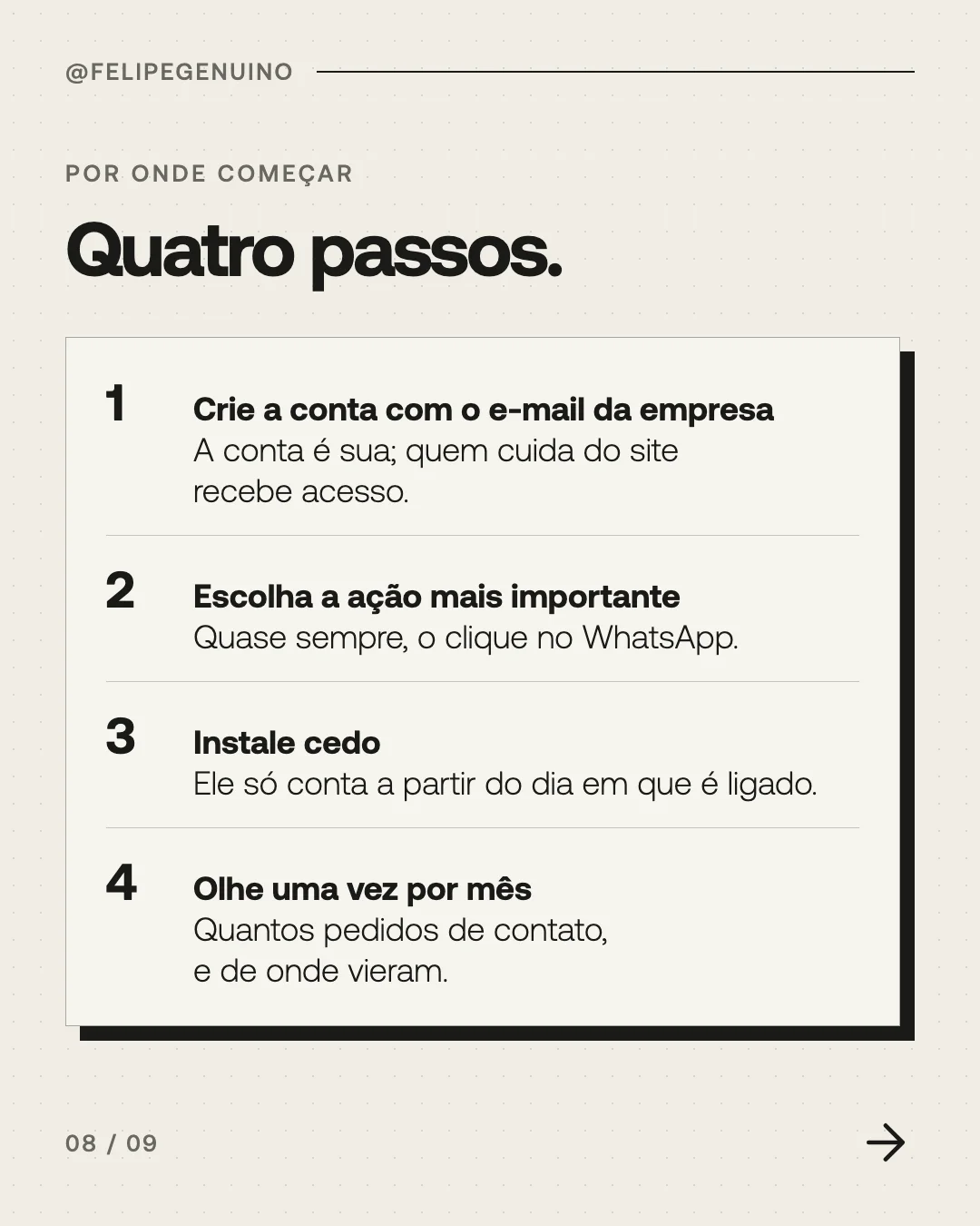 Slide 8. Por onde começar. Quatro passos. 1. Crie a conta com o e-mail da empresa. A conta é sua; quem cuida do site recebe acesso. 2. Escolha a ação mais importante. Quase sempre, o clique no WhatsApp. 3. Instale cedo. Ele só conta a partir do dia em que é ligado. 4. Olhe uma vez por mês. Quantos pedidos de contato, e de onde vieram.