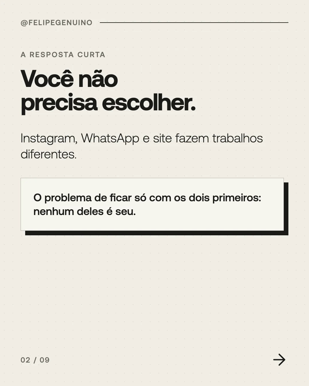 Slide 2. A resposta curta. Você não precisa escolher. Instagram, WhatsApp e site fazem trabalhos diferentes. O problema de ficar só com os dois primeiros: nenhum deles é seu.